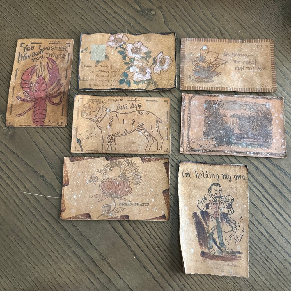 Lot of 7 Antique Leather Postcards 1907 Victorian Novelty Lobster Bulldog Art